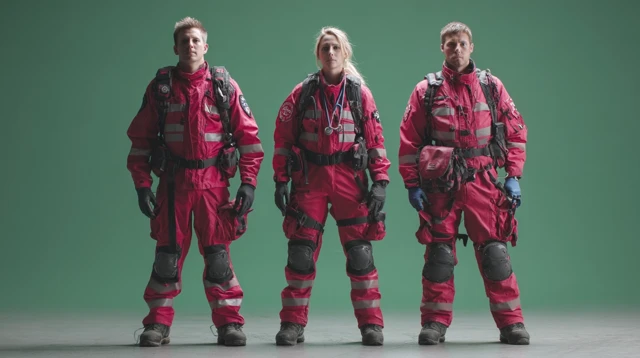 Paramedics in Red Uniforms Standing on Standby