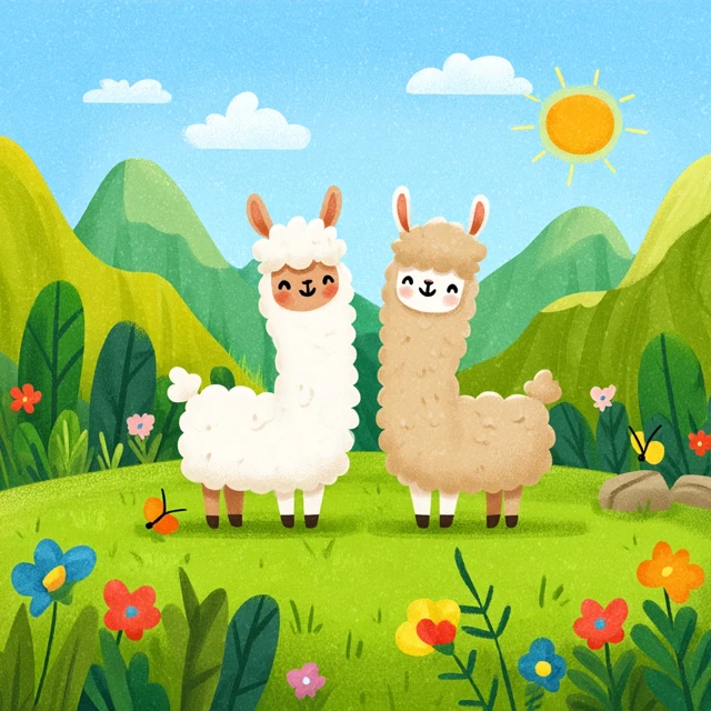 Cute Llamas in Andean Landscape Cartoon Illustration