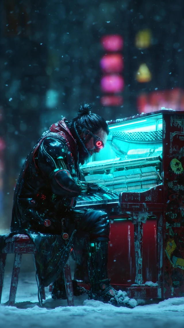 Cyberpunk Mozart Cyborg Plays in Snowy City
