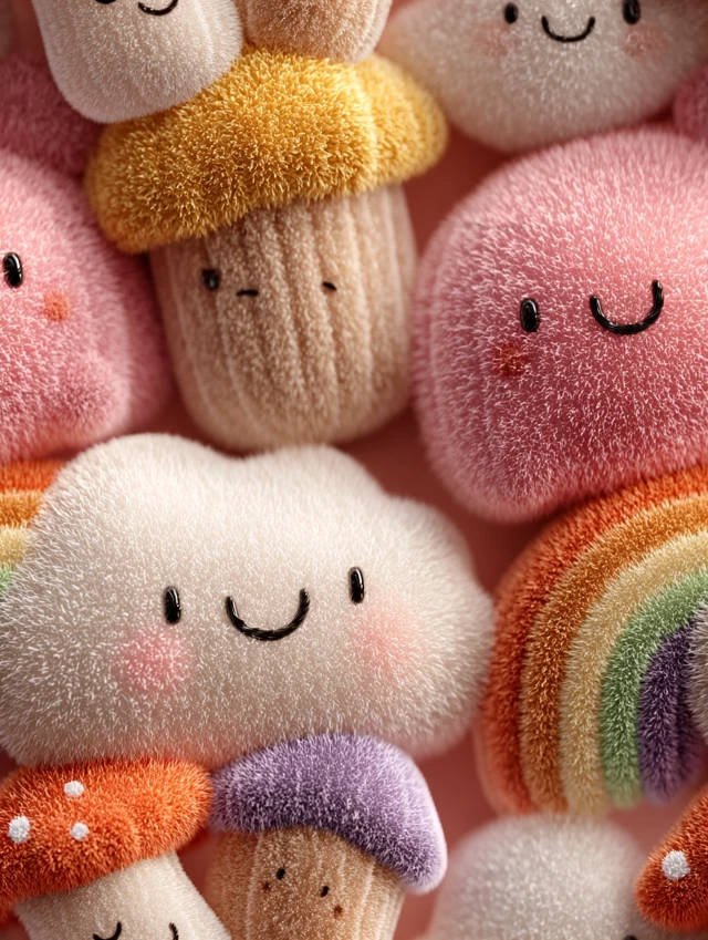 Kawaii Plush Fabric Pattern in Pastel Colors