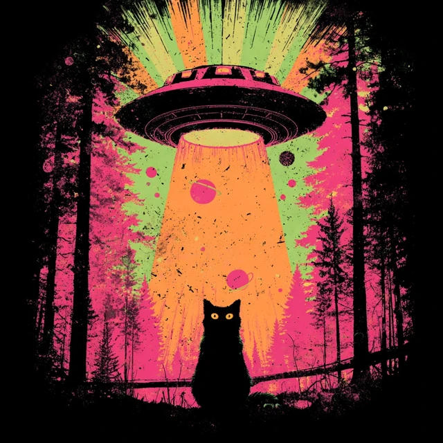 Mysterious Cat UFO Forest Vintage Graphic