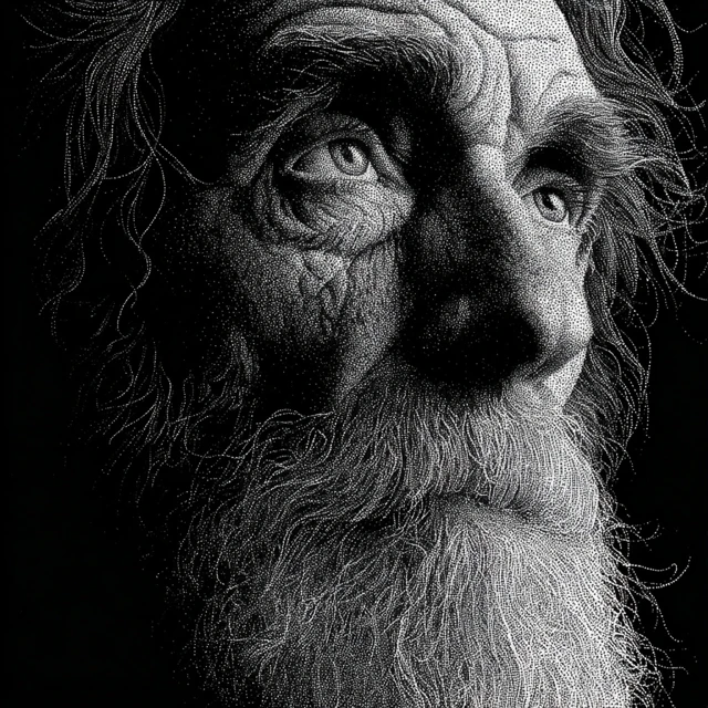 Pointillist Portrait of an Old Man Black and White
