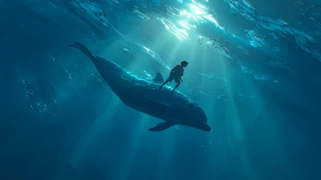 Underwater Scene Man and Dolphin Tranquil Dreamlike Anime