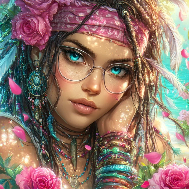 Boho Girl with Pink Roses and Glasses
