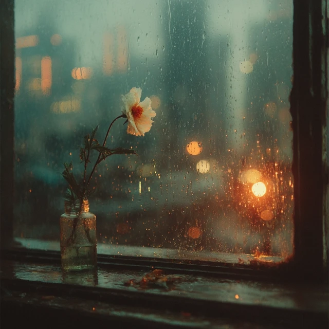 Rainy Downtown Apartment with Flower View