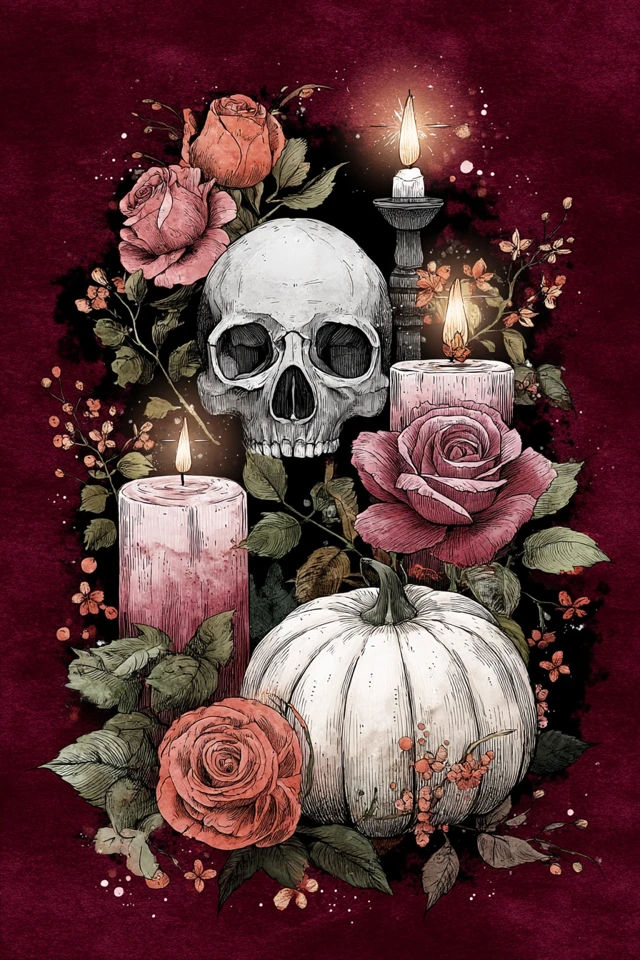 Halloween Gothic Illustration Skull Rose Pumpkin Candles