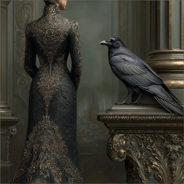Gothic Lady in Black Lace Raven Details