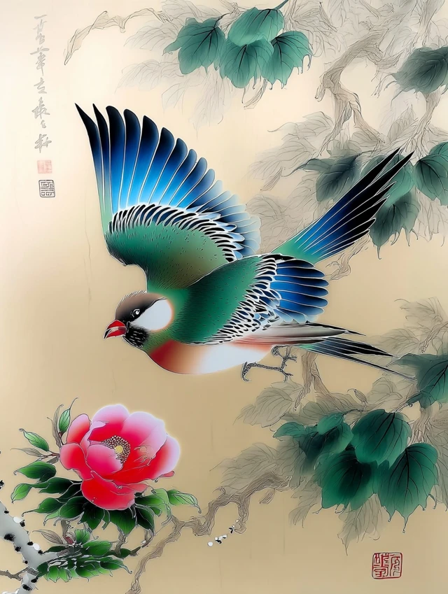Elegant Blue Bird Gongbi Painting