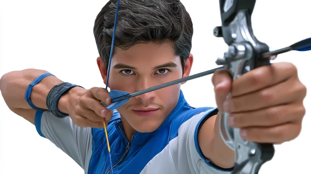Archer with Compound Bow Focused and Ready to Shoot