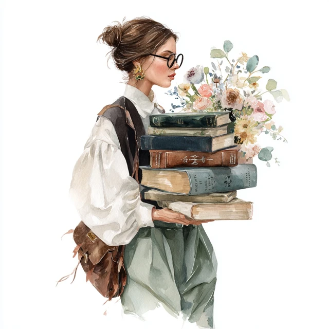 Watercolor Woman with Books and Flowers Academia Style