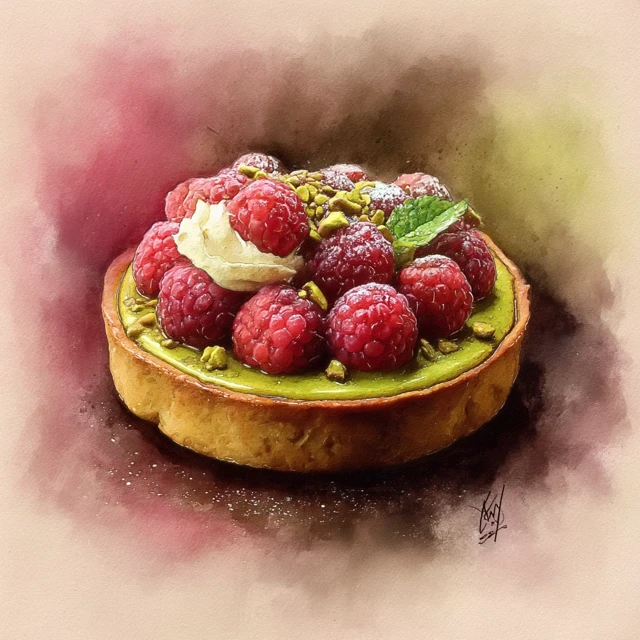 Pistachio Raspberry Tart Watercolor Art