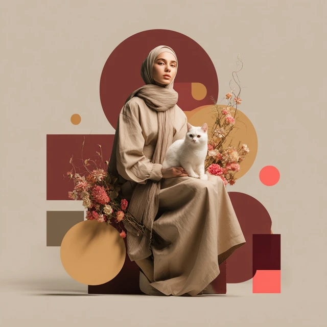 Woman in Hijab with Cat Modern Fashion Portrait