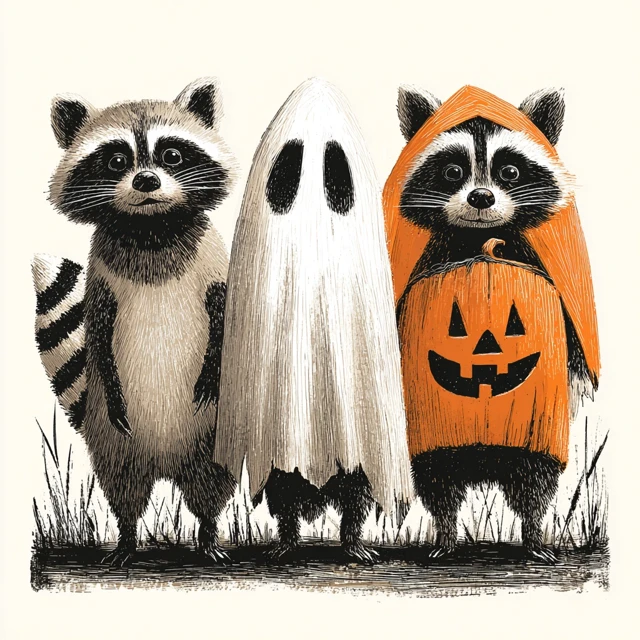 Halloween Raccoons Cartoon Illustration Vintage