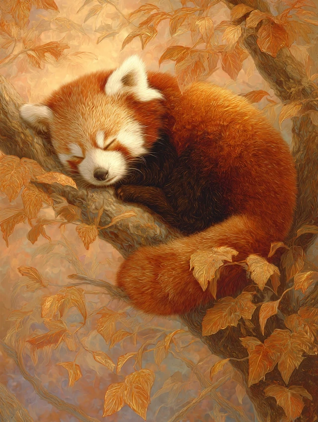 Sleeping Red Panda in Autumn Leaves