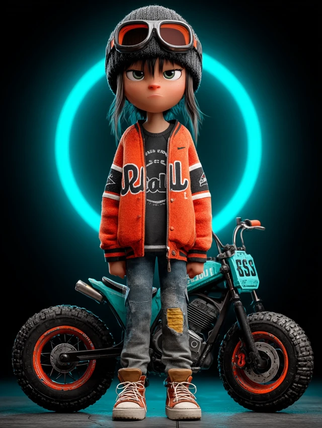3D Cartoon Girl and Motorcycle