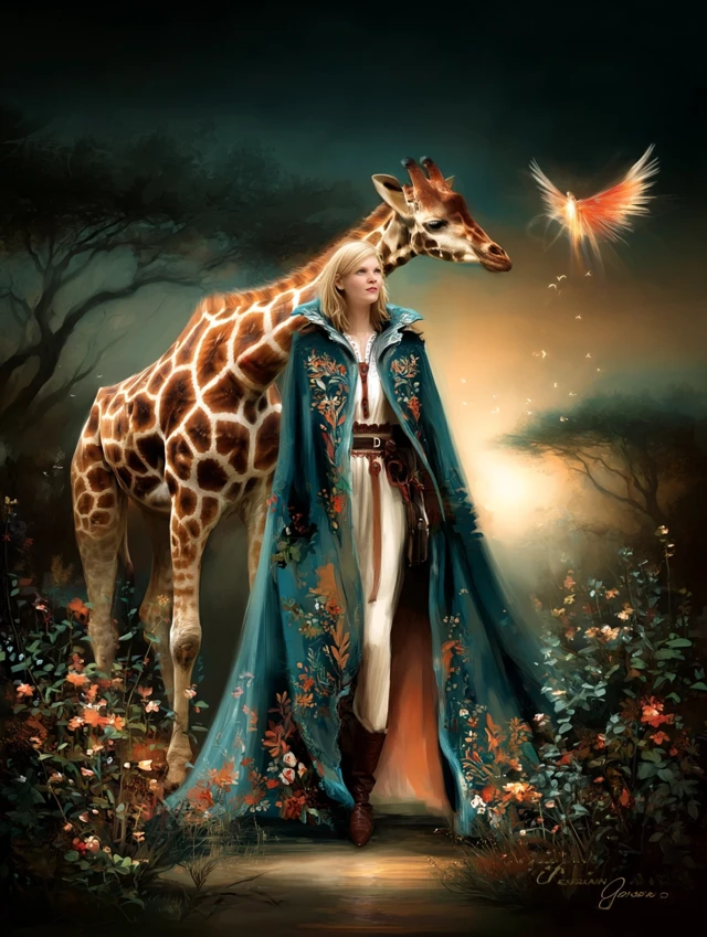 Witch and Giraffe Enchanted Forrest Fantasy Art