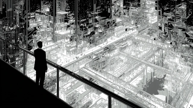 Noir Cityscape Illustration Man Observing Architecture
