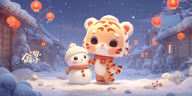 Cute Tiger and Snowman in Winter Wonderland 3D Cartoon