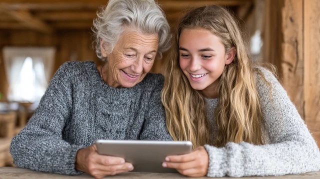 Elderly Woman Learning Tablet with Grandchild