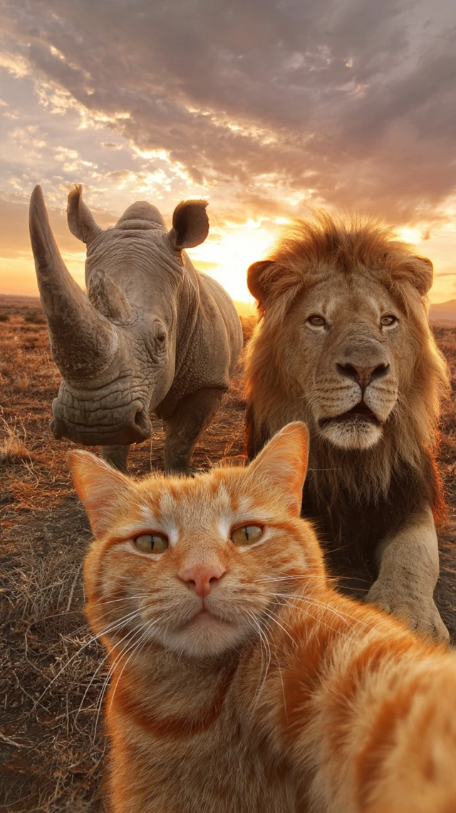 Cat Lion Rhino Selfie on African Savanna Sunset