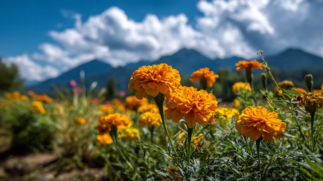 Vibrant Yellow Marigold Flower and Mountain Landscape