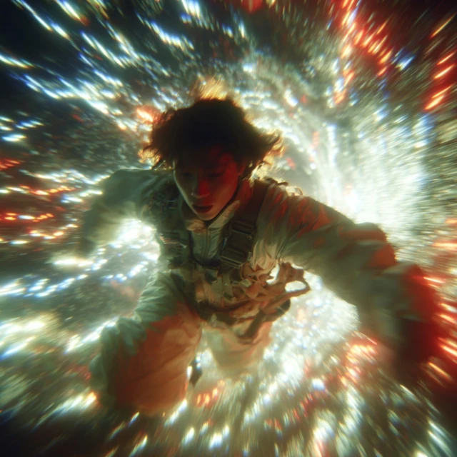 Futuristic Traveler in Hyperspace Tunnel