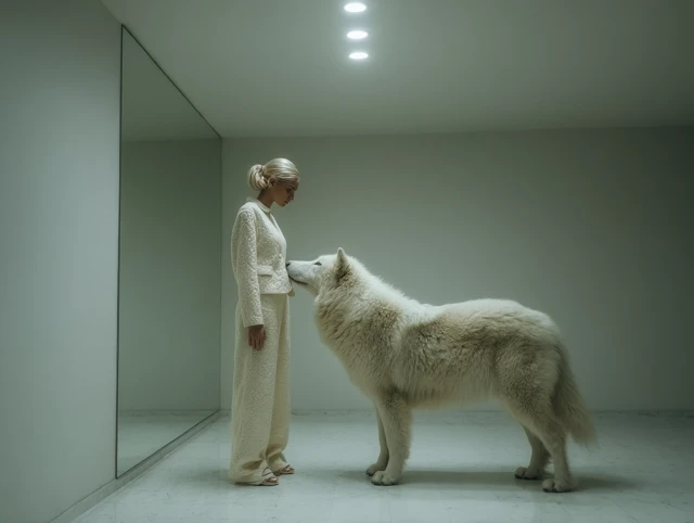 Model and White Wolf Minimalist Photography