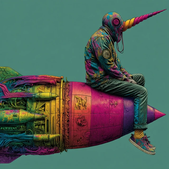 Unicorn Guy on Rainbow Rocket Space Art