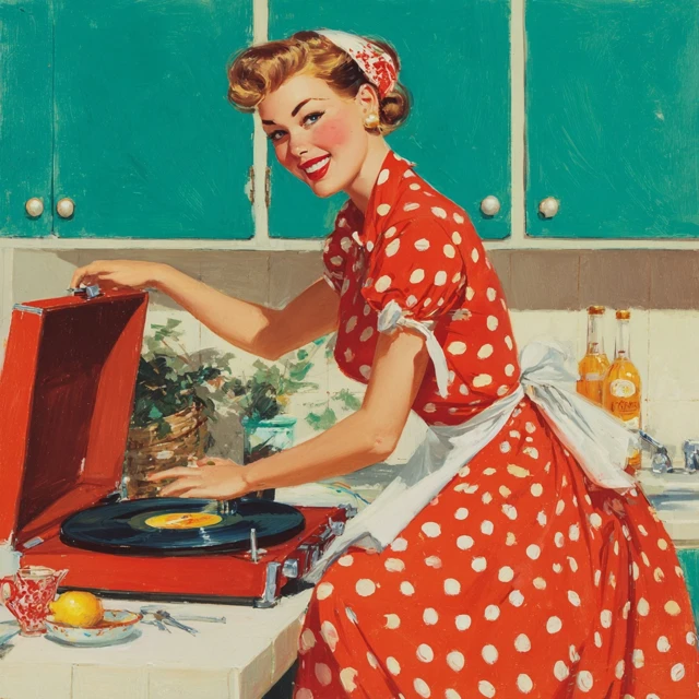 1950s Housewife Spinning Records Retro Art