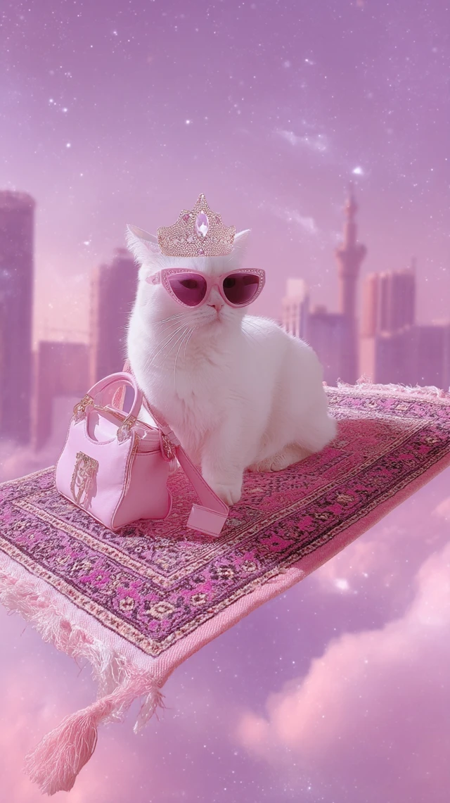 Glamorous Cat Riding Carpet Over City Pink Aesthetic