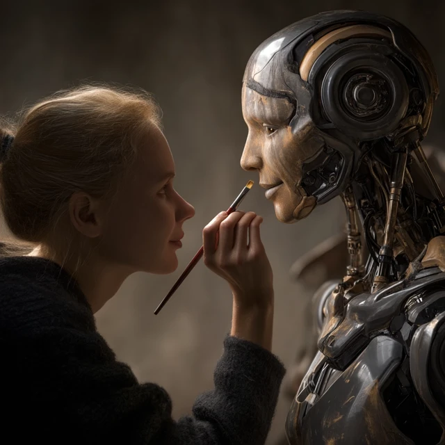 Woman Painting Robot Face Emotional Cinematic Scene