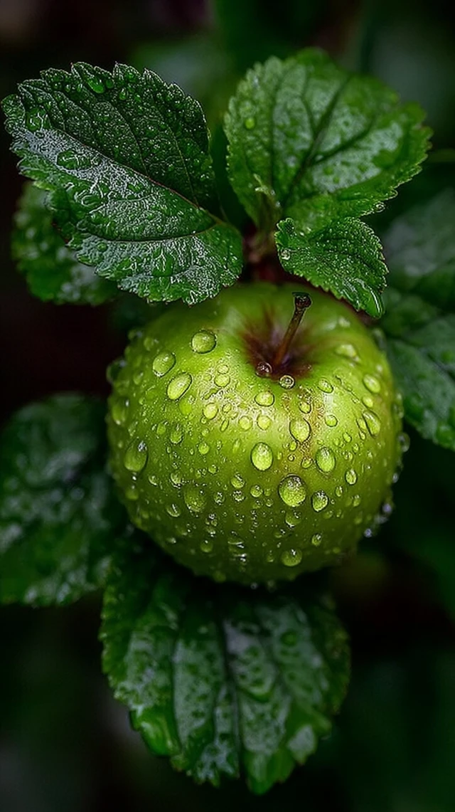 Green Apple with Water Droplets Nature Photography