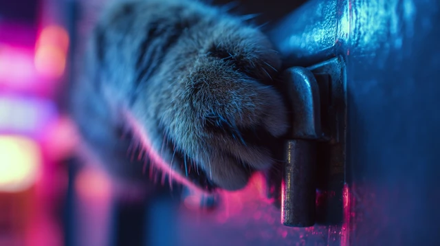 Cyberpunk Cat Paw on a Door Latch Neon Night