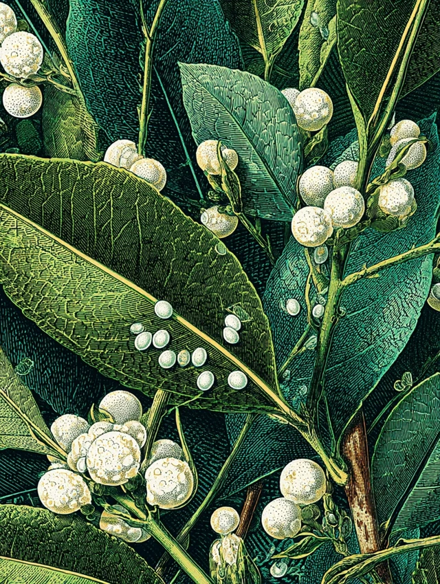 Green Leaves with White Insect Eggs Close Up