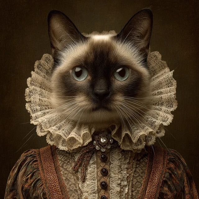 Victorian Siamese Cat Portrait with Frilly Collar
