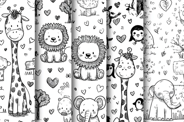 Kids Doodle Zoo Animals Black and White Vector Art