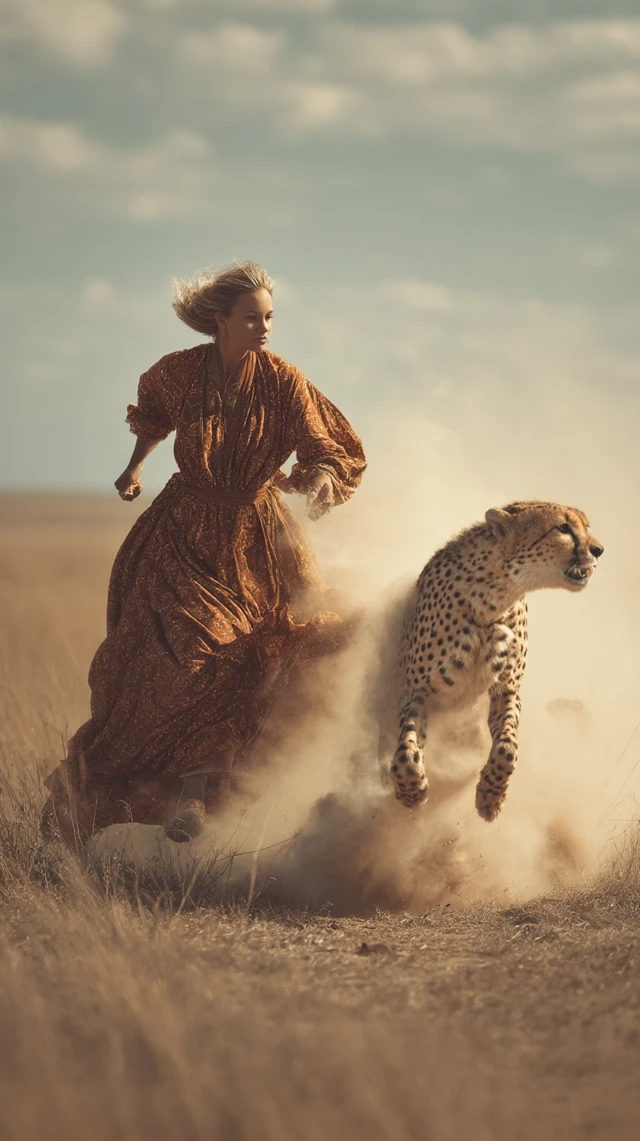 Cheetah and Woman: Power Unleashed on Golden Plains
