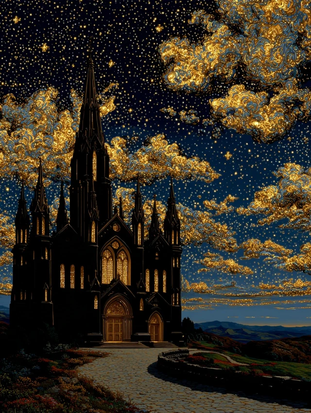 Cosmic Cathedral Surreal Oil Painting