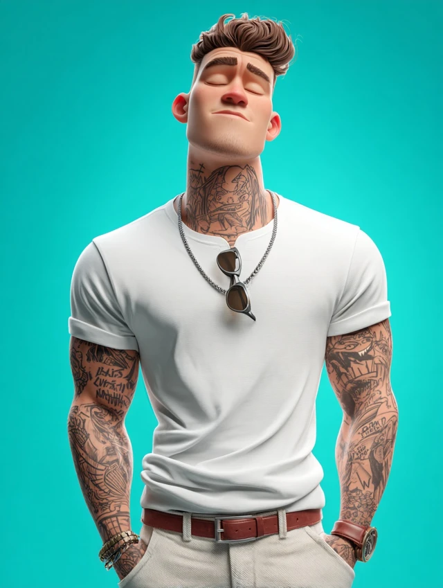 Cartoon Boy with Tattoos White TShirt 3D Render