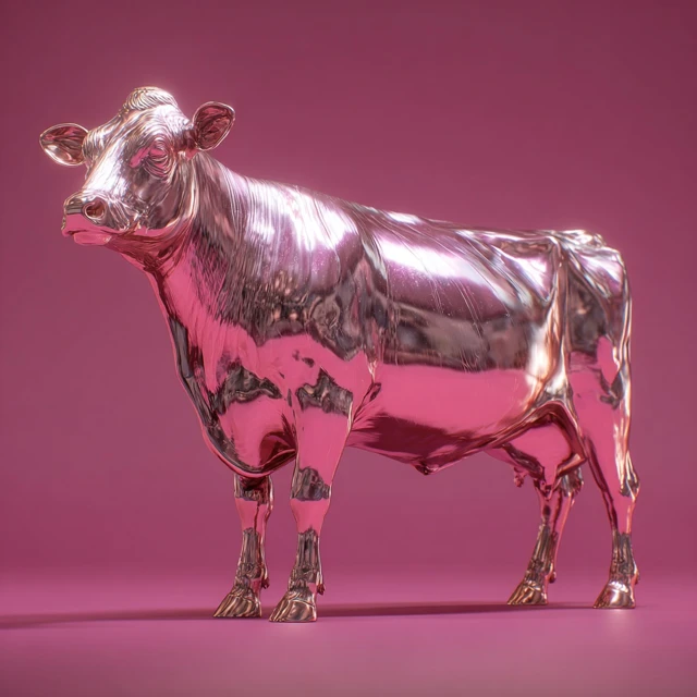 Iridescent Metal Cow Sculpture 3D Render