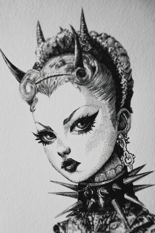 Gothic Punk Doll Illustration Monochrome Art