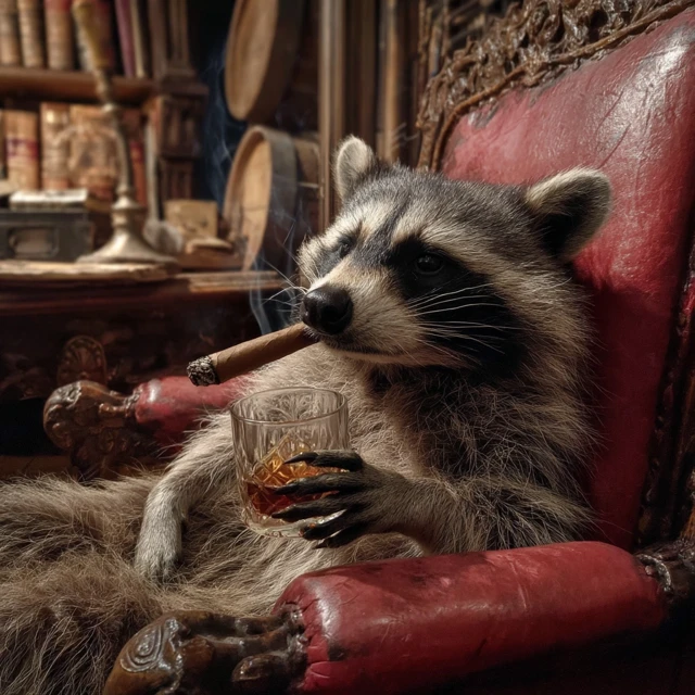 Photorealistic Raccoon Smoking Cigar and Drinking Whiskey