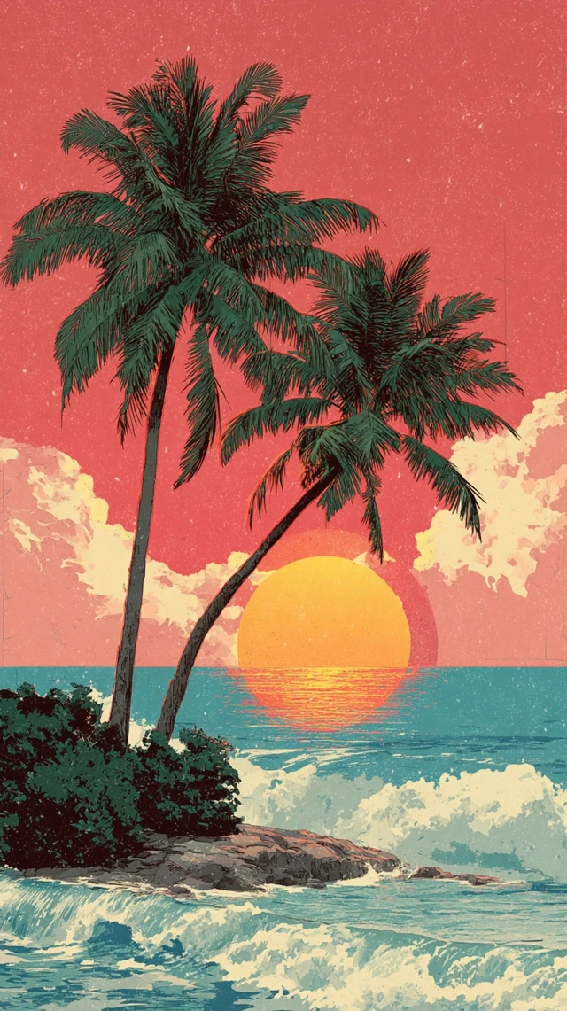 Retro Sunset Palm Trees and Ocean Scenery