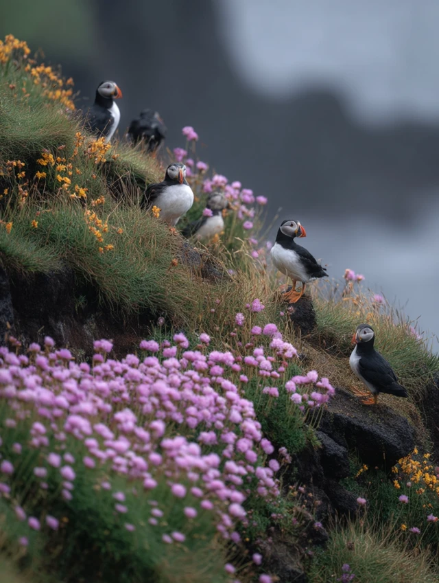 Puffins in Iceland Coastal Grassland
