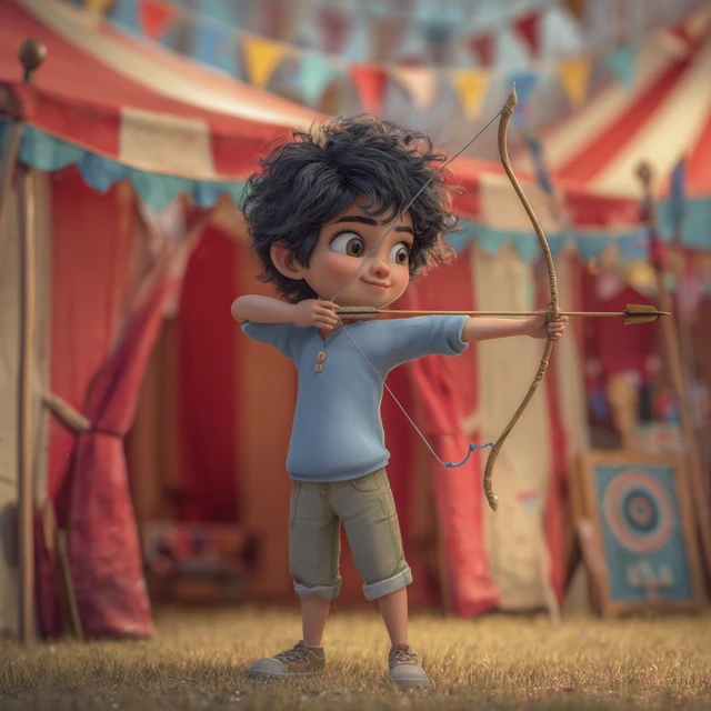 Pakistani Cartoon Boy Archery at Carnival Pixar Style
