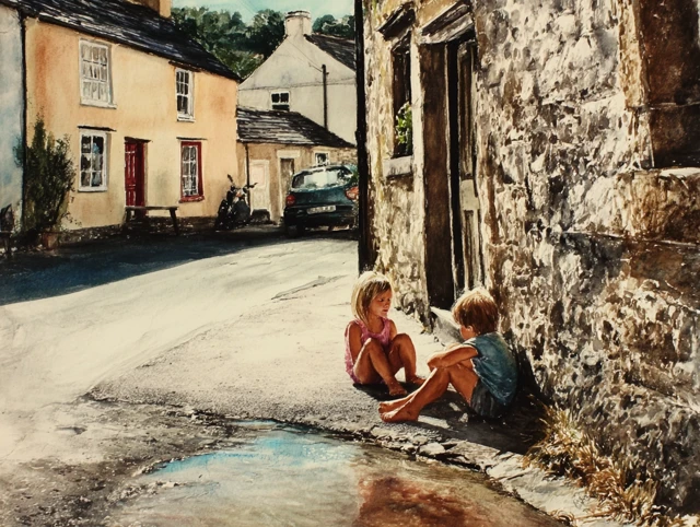 Oil Painting of UK House with Children Playing
