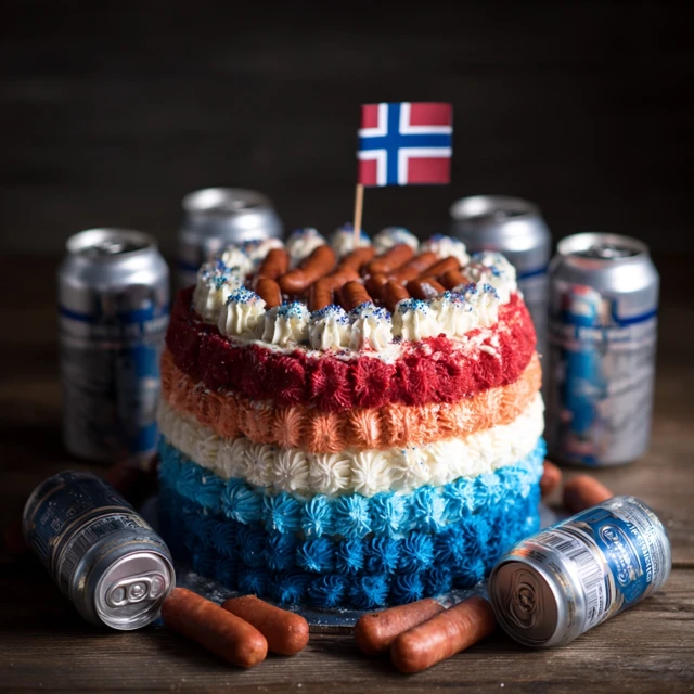 Norwegian Flag Birthday Cake with Beer and Sausages