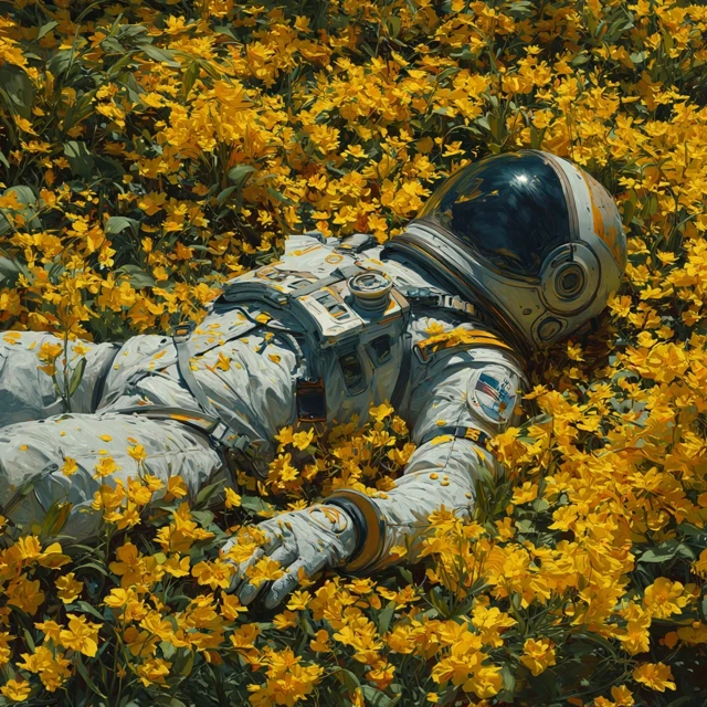 Astronaut in Yellow Flowers Artistic Hyperrealistic