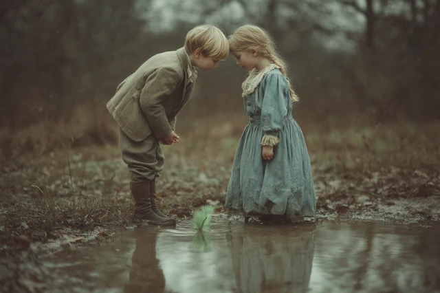 Children in Love Winter Afternoon Emotional Scene