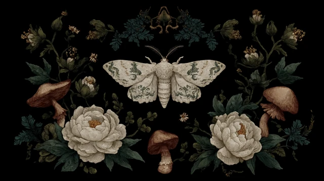 Moth and Flowers Fantasy Illustration Minimalist Style